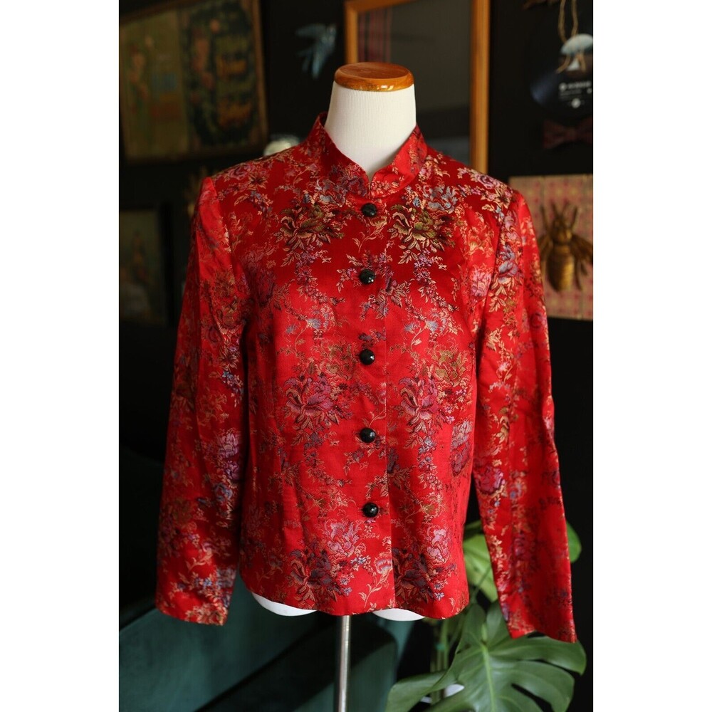 Vintage Dressbarn Red Floral Silk Oriental Button Blazer Jacket Size XL